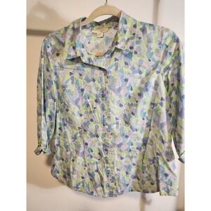Appleseed's Petites PM Button Down 3/4 Sleeve Blue Green Floral Shirt